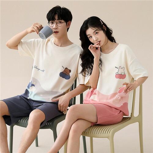 ペアレディース綿100%パジャマ半袖夏男女2着セットメンズルームウェアパジャマ春夏ペアパジャマギフト