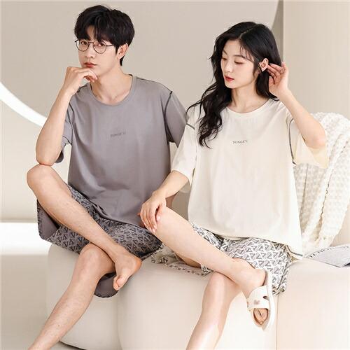 ペアレディース綿パジャマ半袖夏男女2着セットメンズルームウェアパジャマ春夏ペアパジャマギフト