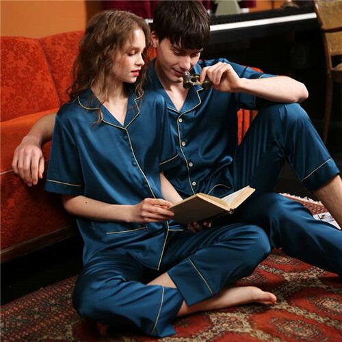 洗えるパジャマ夏合成シルクパジャマレディース高級サテンパジャマペアメンズペアパジャマ春夏