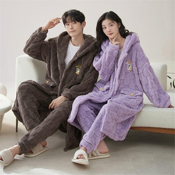 ペアパジャマカップルペア冬モコモコ男女2着セット長袖前開き可愛いクマロング丈ルームウェアペア