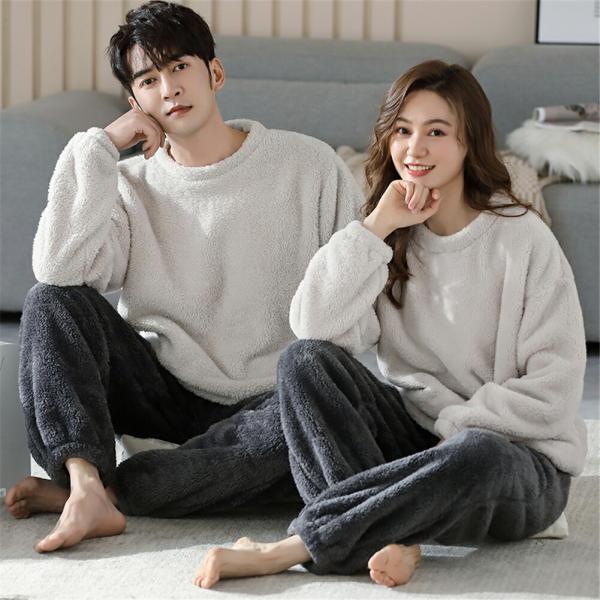 ペアパジャマペアルームウェア冬モコモコ男女2着セット長袖無地カジュアル高級カップルレディースパジャマ