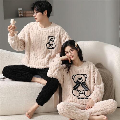 ペアモコモコメンズパジャマ冬モコモコカップルペアルームウェアセット長袖ペアパジャマペアパジャマカップ...