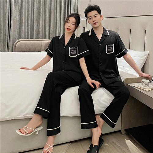 ペアメンズパジャマパジャマ合成シルク半袖男女2着セット夏レディース高級サテン結婚祝いプレゼント