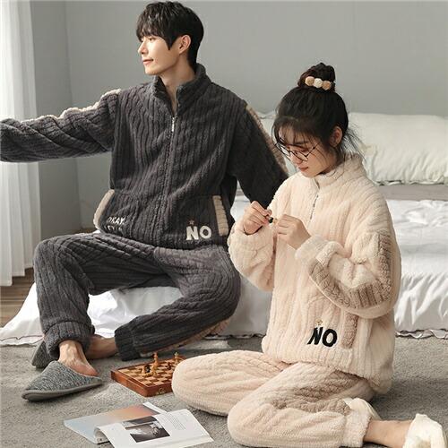 ペアパジャマモコモコメンズ冬もこもこカップルペアルームウェアセット前開き長袖ペアパジャマペアパジャマ...