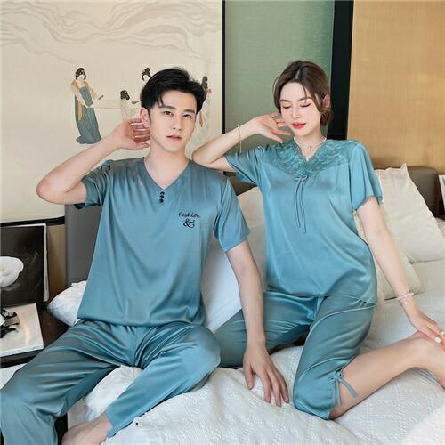 ペアメンズパジャマパジャマ合成シルク半袖男女2着セット夏レディース高級サテン結婚祝いプレゼント