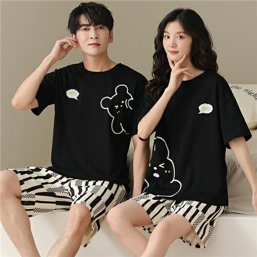 ペアレディース綿100%パジャマ半袖夏男女2着セットメンズルームウェアパジャマ春夏ペアパジャマギフト