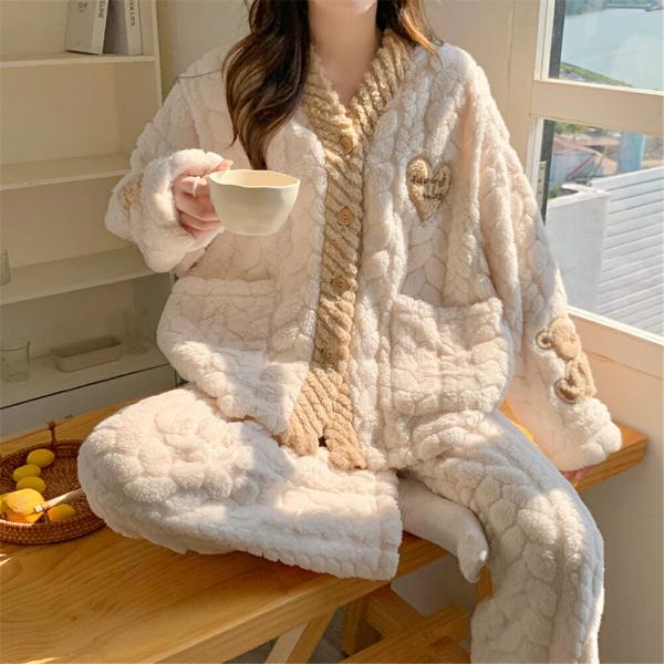 マタニティ授乳口付きパジャマ冬モコモコハートクマファッション長袖マタニティルームウェアウエスト調節パ...