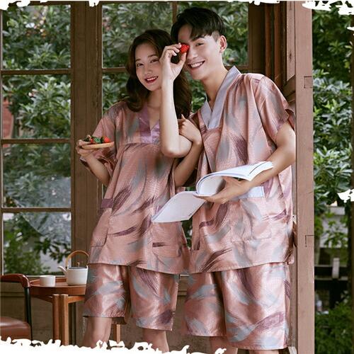 洗えるパジャマ半袖合成シルクパジャマレディース高級サテンパジャマペアメンズ夏ペアパジャマ