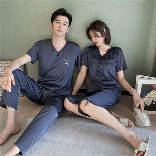 ペアメンズパジャマパジャマ合成シルク半袖男女2着セット夏レディース高級サテン結婚祝いプレゼント