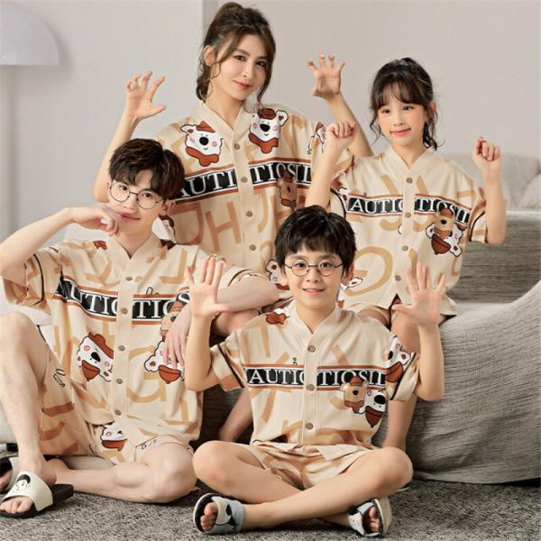 親子ペア親子ペアパジャマ夏半袖前開きセットアップ綿薄手半袖トップスショートパンツキッズ春