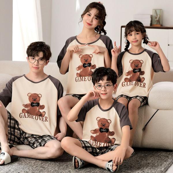 親子ペアペアパジャマ春夏パジャマ夏半袖キッズセットアップ女子綿薄手親子ルームウェアママ