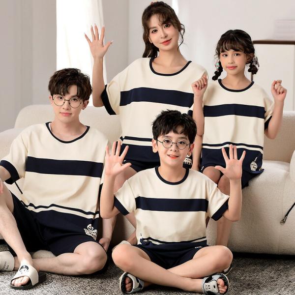 親子ペアペアパジャマ春夏パジャマ夏半袖キッズセットアップ女子綿薄手親子ルームウェアママ