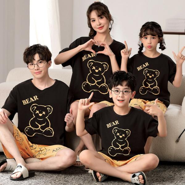 親子ペアペアパジャマ春夏パジャマ夏半袖キッズセットアップ女子綿薄手親子ルームウェアママ