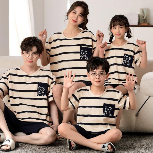 親子ペアペアパジャマ春夏パジャマ夏半袖キッズセットアップ女子綿薄手親子ルームウェアママ