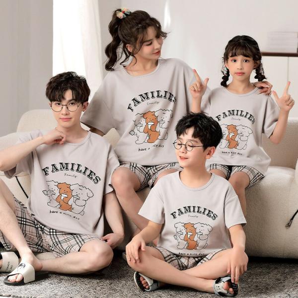 親子ペアペアパジャマ春夏パジャマ夏半袖キッズセットアップ女子綿薄手親子ルームウェアママ