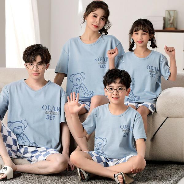 親子ペアペアパジャマ春夏パジャマ夏半袖キッズセットアップ女子綿薄手親子ルームウェアママ