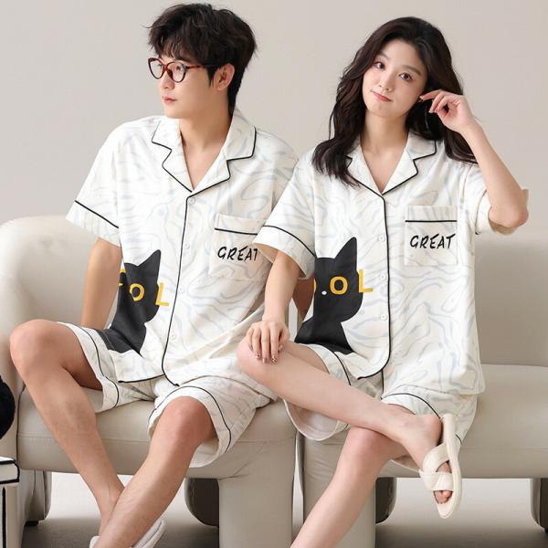 ペア前開き綿パジャマ半袖夏綿100%男女2着セット猫アニメセットアップ薄手2点セット