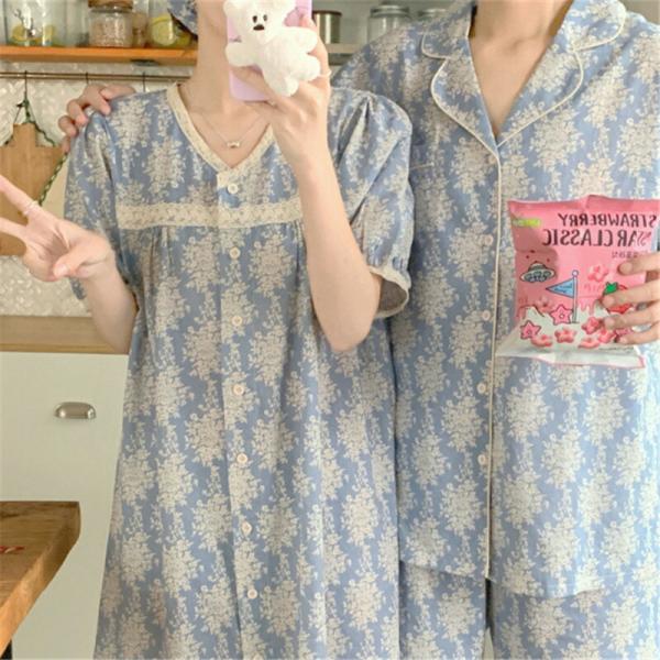 ペアカップルルームウェアパジャマ半袖夏男女2着セット春ネグリジェ花柄高級春夏ペアパジャマ