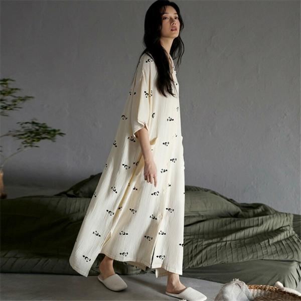 ネグリジェワンピースロングレディース夏大きいサイズ前開きパンダネグリジェ半袖綿ガーゼ(お肌に優しい)...