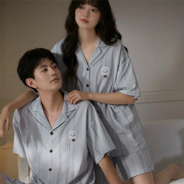 ペア半袖綿パジャマ半袖夏綿100%男女2着セット姫系ストライプ柔らかい高級カップル