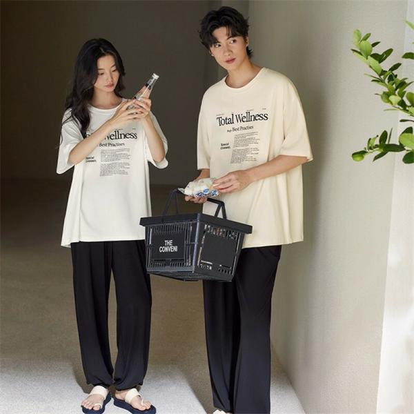 ペアおしゃれ綿パジャマ半袖夏綿100%男女2着セットカジュアル夏セットアップ高級カップル