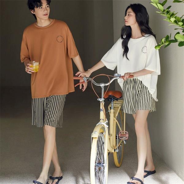 ペア綿高級パジャマ半袖夏綿100%男女2着セットカジュアル夏セットアップカップルペア