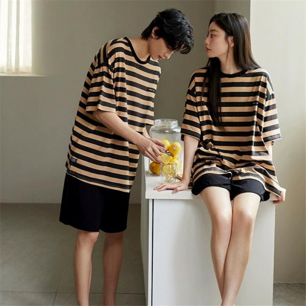 ペア綿薄手パジャマ半袖夏綿100%男女2着セットセットアップおしゃれストライプ高級カップル