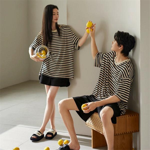 ペアストライプ高級パジャマ半袖夏綿100%男女2着セットカジュアルセットアップおしゃれカップルペア