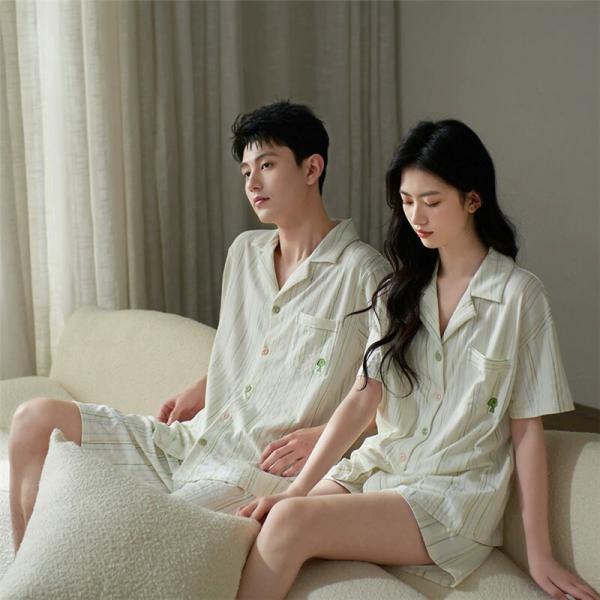 ペアストライプ綿パジャマ半袖夏綿100%男女2着セット姫系セットアップ虹色高級カップル