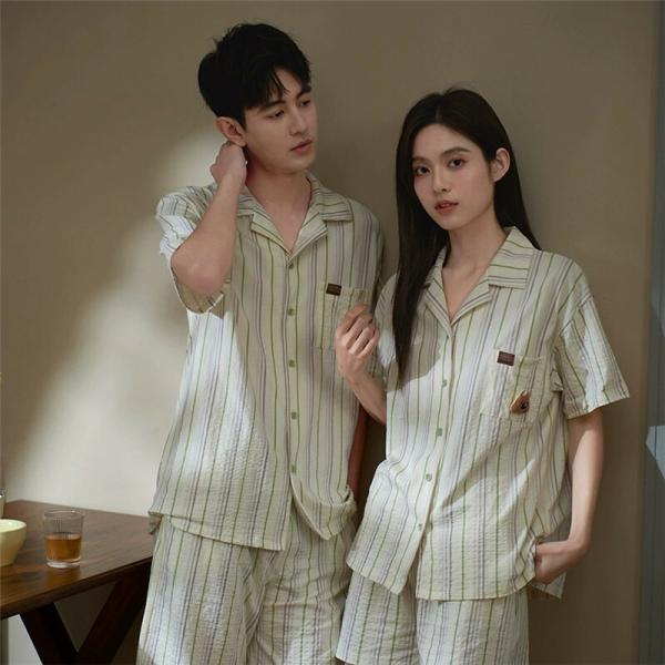 ペア半袖綿パジャマ半袖夏綿100%男女2着セット姫系ストライプ柔らかい高級カップル