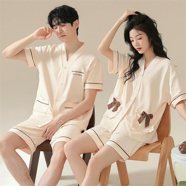 ペア高級カップルパジャマ半袖夏綿100%男女2着セットかわいいセットアップショートパンツペアルームウ...