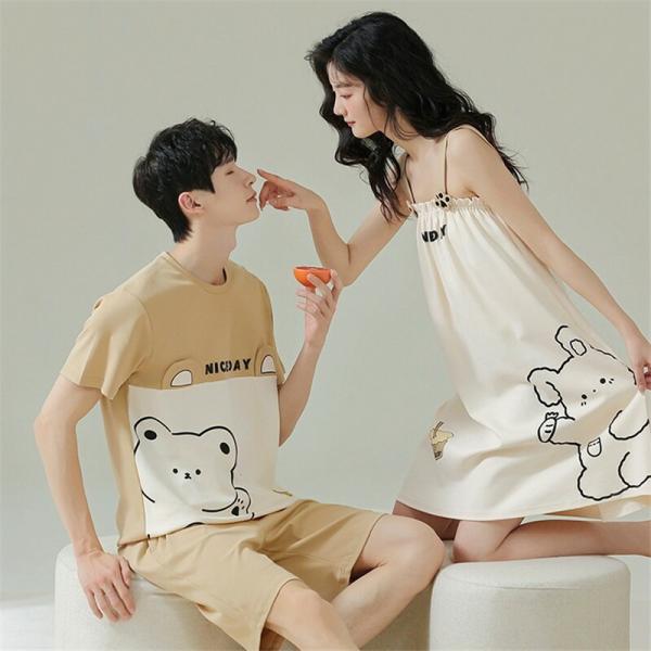ペアセットアップクマパジャマ半袖夏綿100%男女2着セットワンピースかわいいキャミワンピネグリジェ高...