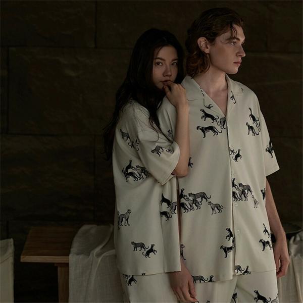 ペアカップルペアパジャマ半袖夏男女2着セット春綿セットアップ高級ルームウェア春夏