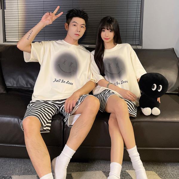 ペア韓国高級パジャマ半袖夏男女2着セット春セットアップ笑顔薄手カップルペア