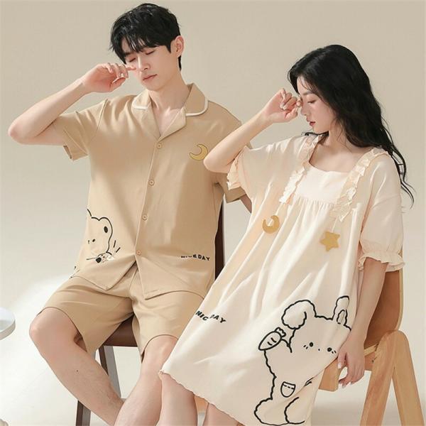 ペア綿薄手パジャマ半袖夏綿100%男女2着セットワンピースかわいいネグリジェ高級カップル