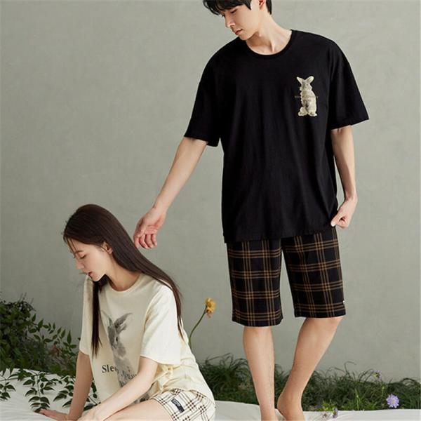 ペア綿薄手パジャマ半袖夏綿100%男女2着セットuネックセットアップゆったり高級カップル