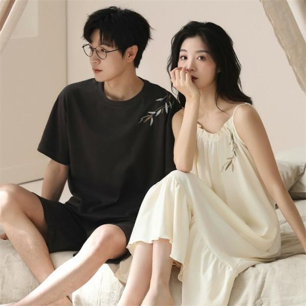 ペアネグリジェ綿パジャマ半袖夏綿100%男女2着セットワンピースキャミワンピ夏薄手高級