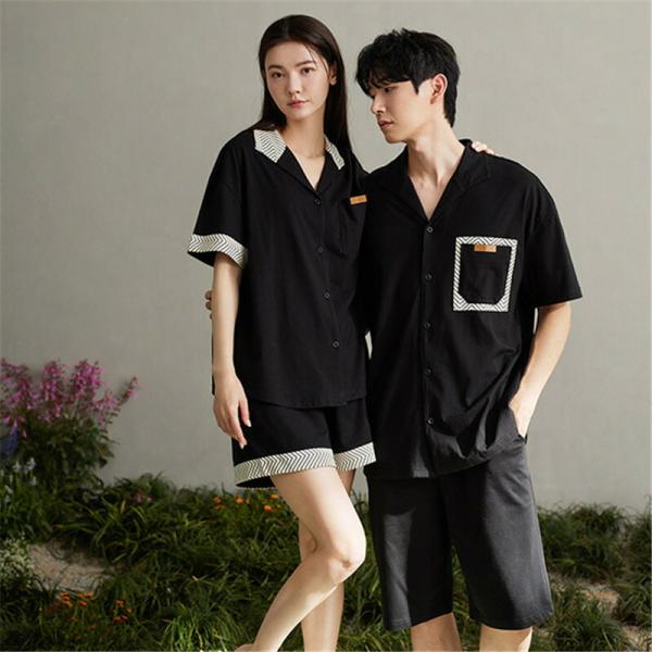 ペアシンプル綿パジャマ半袖夏綿100%男女2着セット大きいサイズセットアップ前開き薄手高級