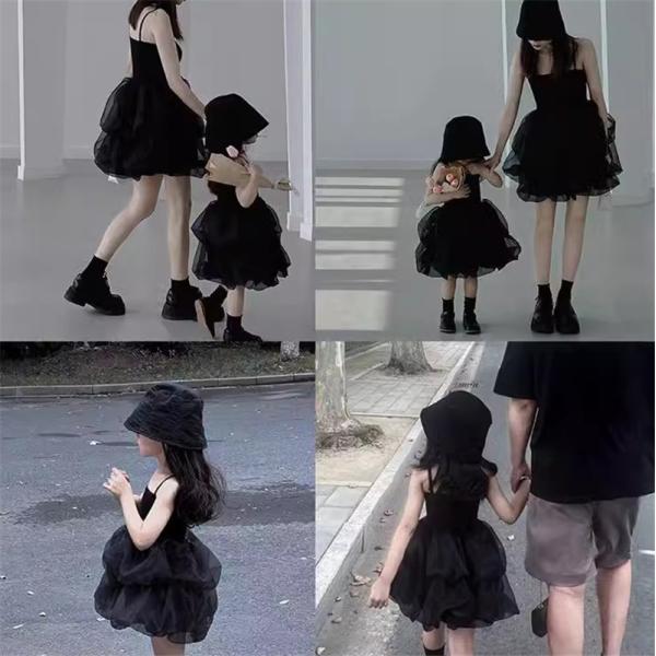 親子赤ちゃん親子ペアルックペアルックワンピース黒女子トラベルキャミソールペア夏服親子コーデペアワンピ...