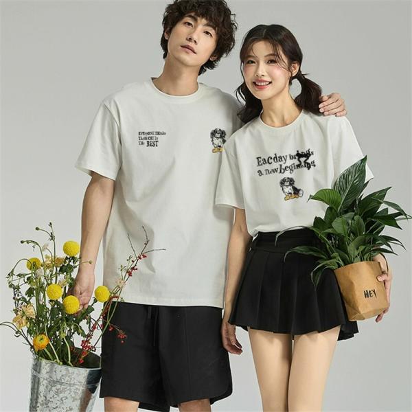 カップルペアルックカップルペアtシャツブランド犬アニメ夏半袖綿LOVE春夏服