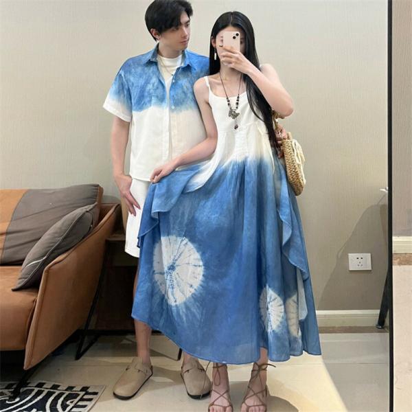 カップルトラベルタイダイペアシャツメンズ半袖レディースワンピースブランドキャミワンピ夏旅行高級