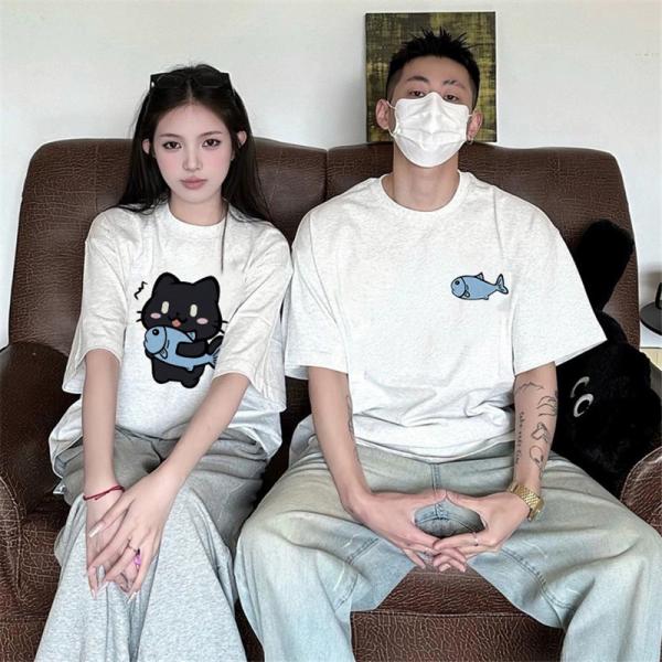 カップルペアルックカップルペアtシャツブランド猫魚tシャツおしゃれ半袖綿春夏服