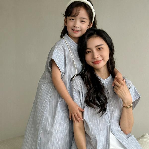 親子ペア夏服ペアルックワンピースカジュアル女性ゆったりトラベルストライプ半袖シャツ親子コーデ赤ちゃん