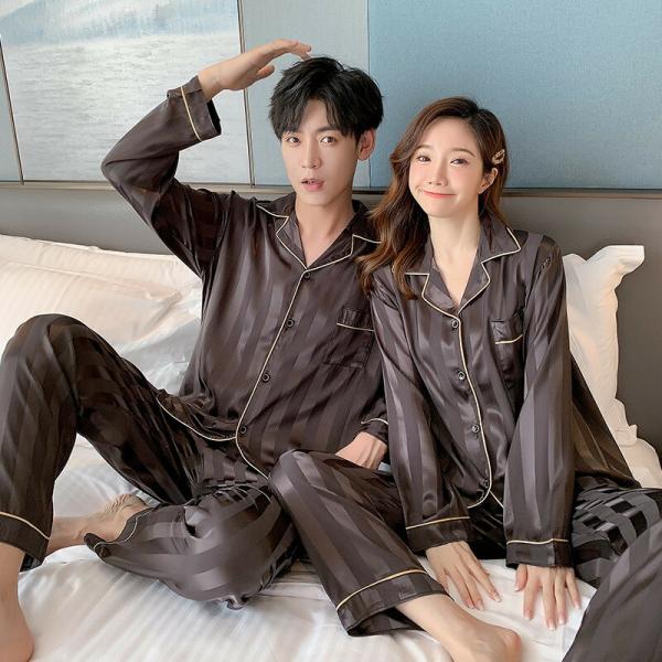 ペアギンガムチェック長袖パジャマ合成シルク長袖男女2着セット薄手シルク春秋夏レディース