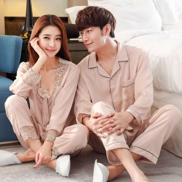 ペアレディース2点セットパジャマ合成シルク長袖男女2着セット春シルクセットアップ夏高級サテン