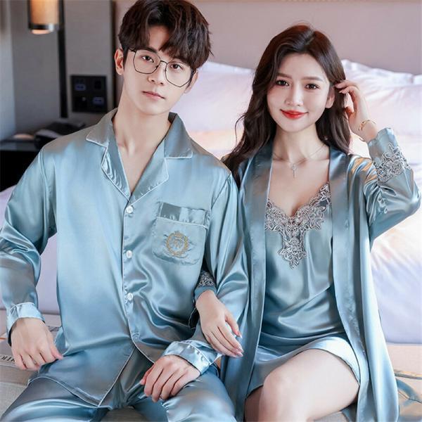 ペア2点セット夏パジャマ合成シルク長袖男女2着セットシルクキャミワンピネグリジェ薄手レディース2点セ...
