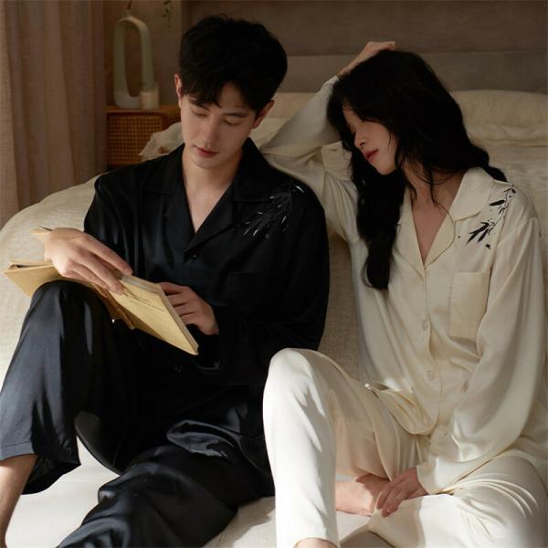 ペア夏レディースパジャマ合成シルク長袖男女2着セットセットアップ春秋長袖2点セット高級