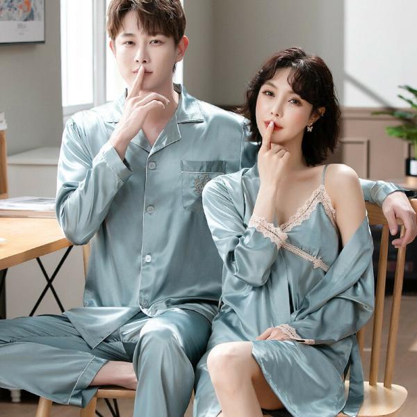 ペア薄手パッド付きパジャマ合成シルク長袖男女2着セットシルクセットアップ春秋夏レディース