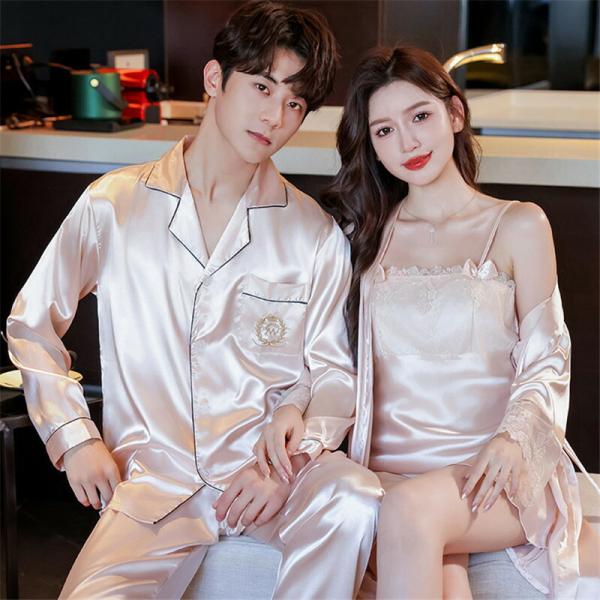 ペア夏レディースパジャマ合成シルク長袖男女2着セットシルクキャミワンピネグリジェ薄手2点セット高級