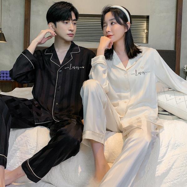 ペア高級夏パジャマ合成シルク長袖男女2着セットシルク春秋薄手レディース2点セット